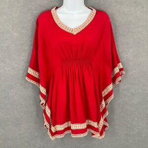 Red Tunic Top Turquoise Haven Bohemian Crochet‎ Trim Resort Wear Smocked Sz S